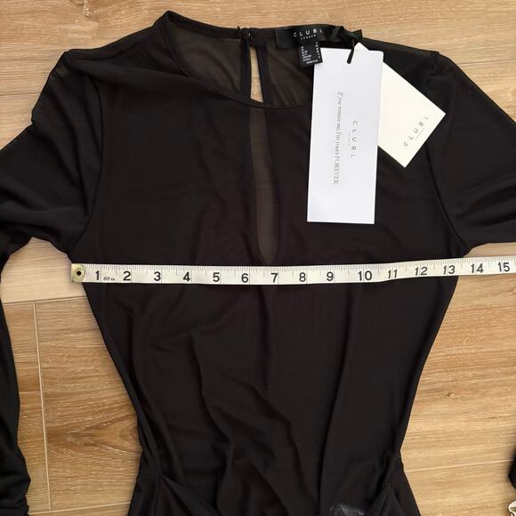 Club L London KOAMI Black Mesh Long-Sleeve Ruched Maxi Dress High Split 4 - Picture 6 of 13